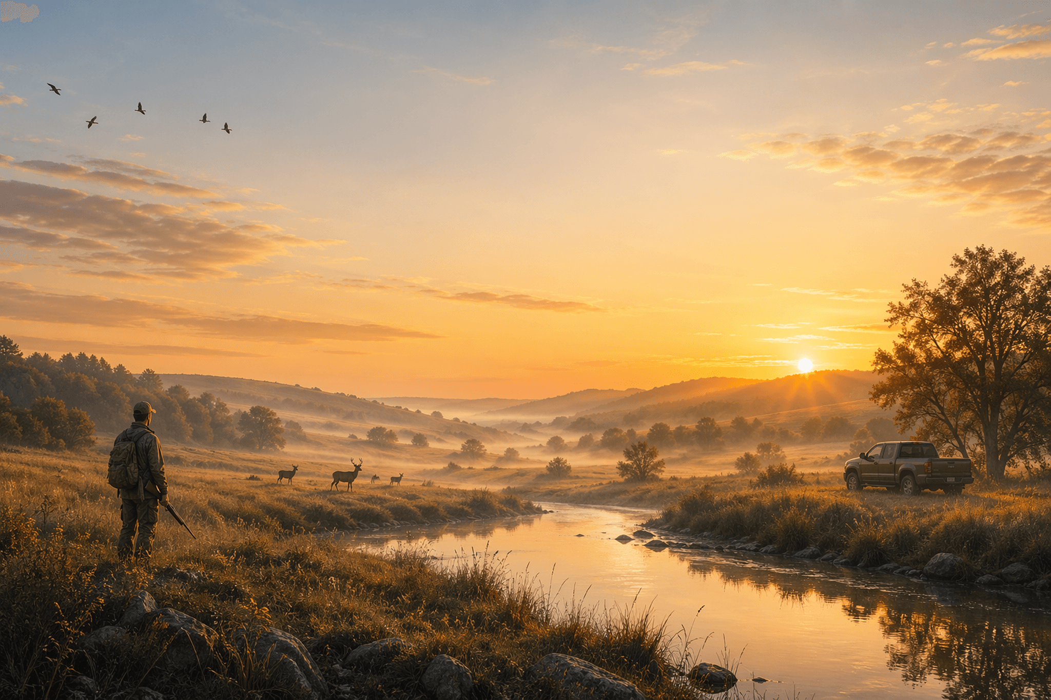 Hunting landscape at sunset